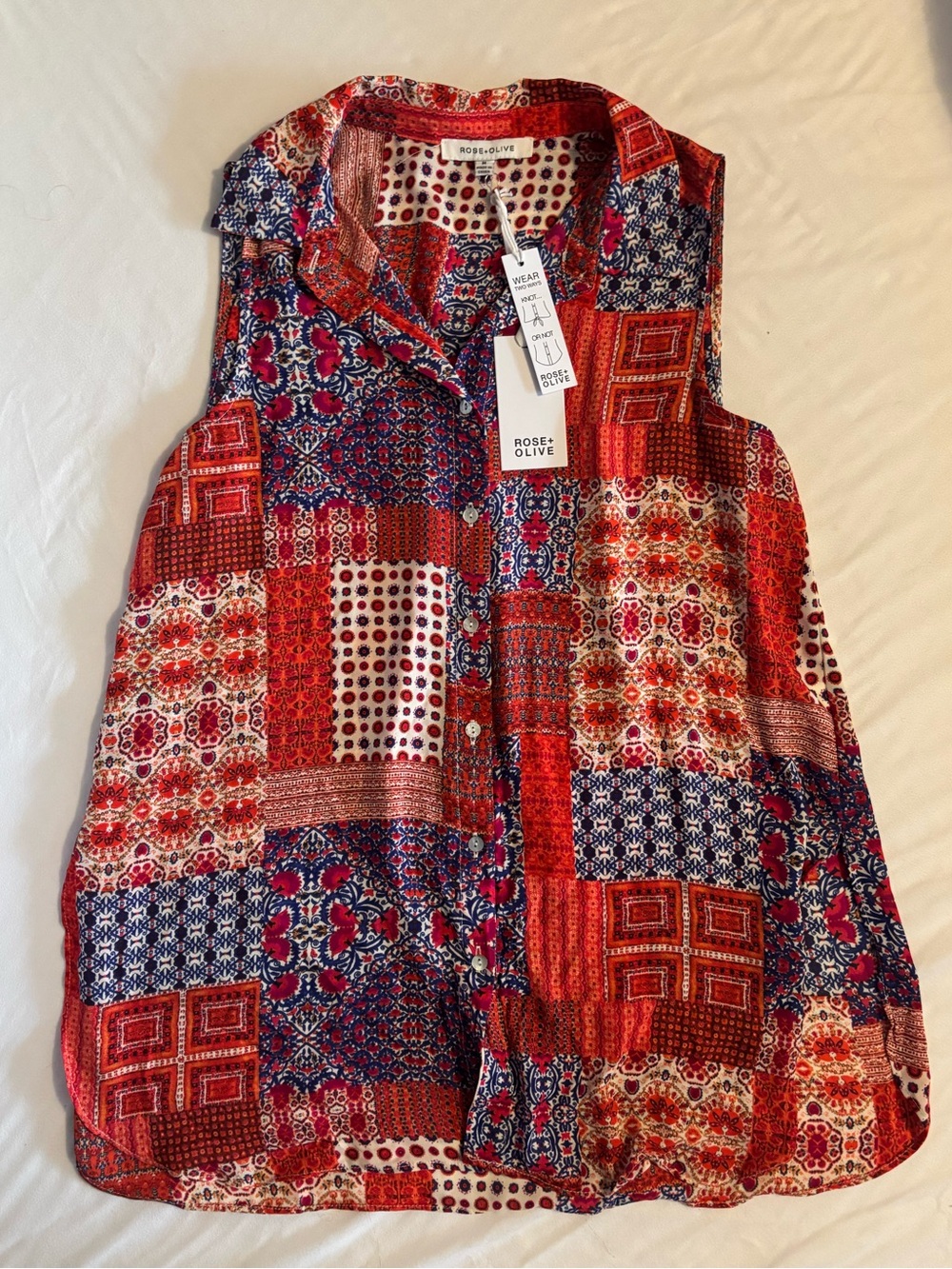 Rose & Olive Red and Navy Patchwork Button-Front Tank